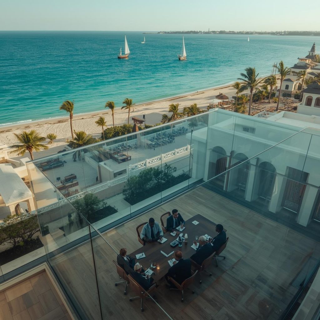 Premium conference room at Lamu resort overlooking Indian Ocean with business professionals in meeting